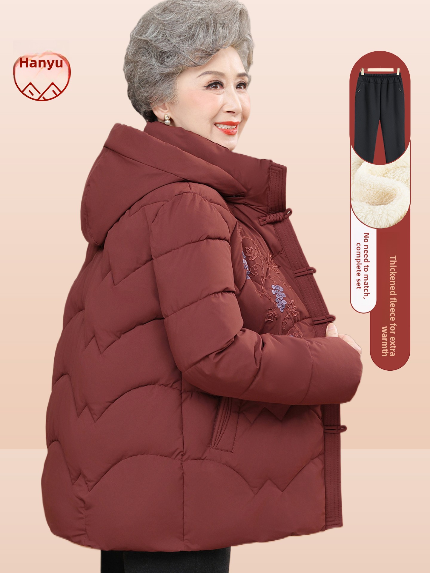 Women Fashion Over 60 - Thickened Embroidered Fleece Lined Cotton Jacket