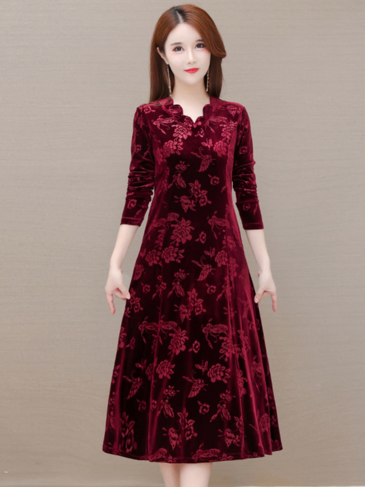 Elegant Velvet Dress V-Neck Mi - Women Fashion Over 60 review and price